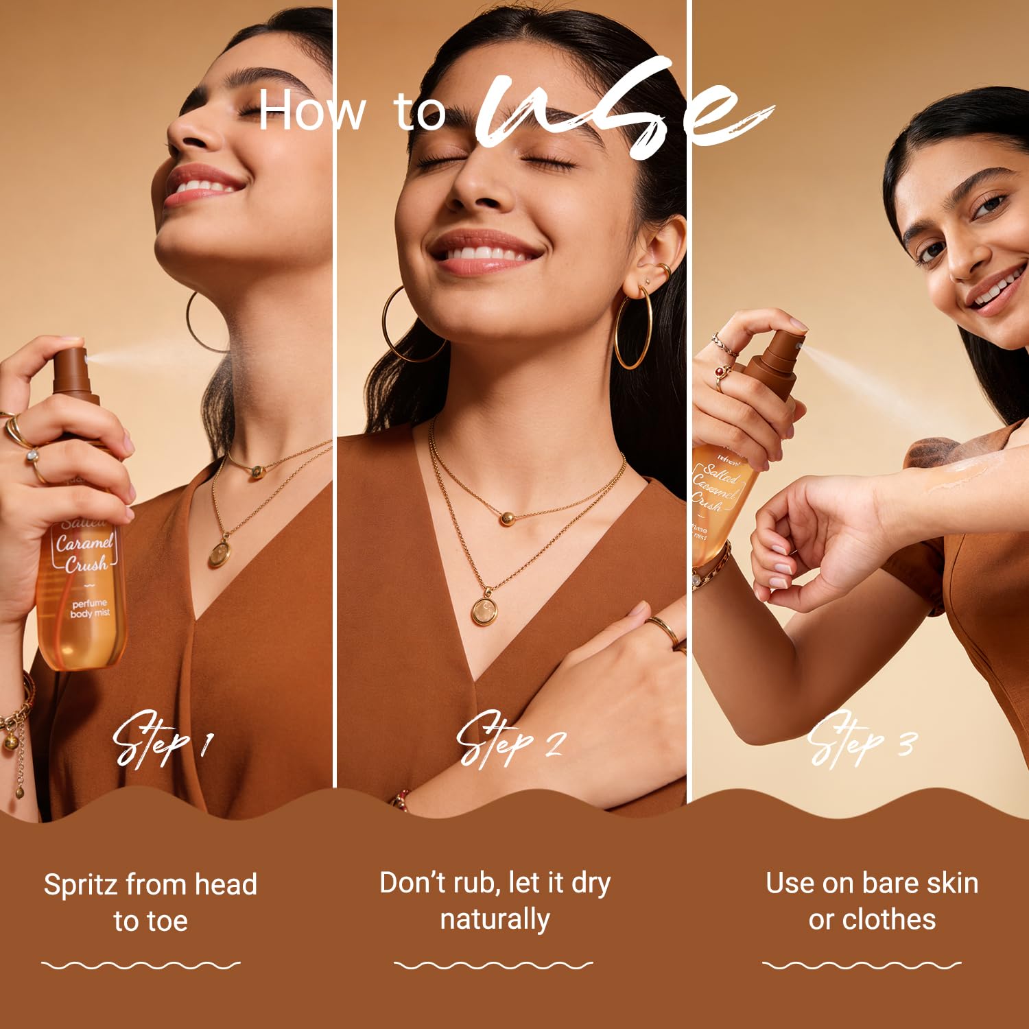 Aqualogica Refresh+ Perfume Body Mist - Salted Caramel Crush | Mouthwatering Gourmand Scent | Long Lasting Fragrance | Double Duty for Hair & Body | Non-Irritating & Hydrating | Infused with Zemea & Hyaluronic Acid | For Men & Women | 150 ml