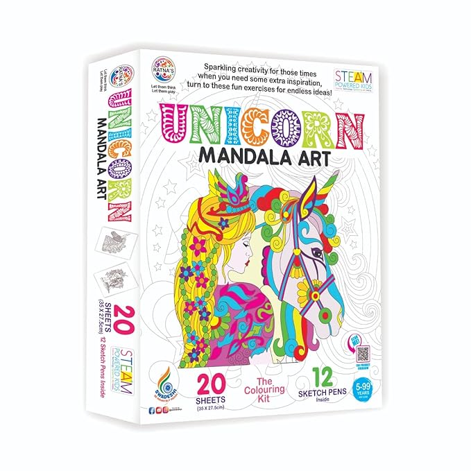 Ratna's Mandala Art Unicorn Colouring Kit | 20 Sheets With 12 Sketch Pens Inside | Creative Coloring Fun