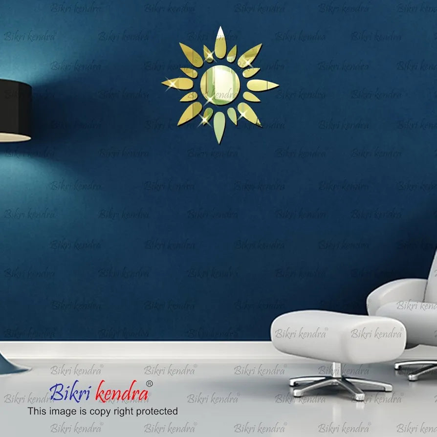 Bikri Kendra Sun Golden Model-10 Mirror Stickers for Wall, Acrylic Mirror Wall Decor Sticker