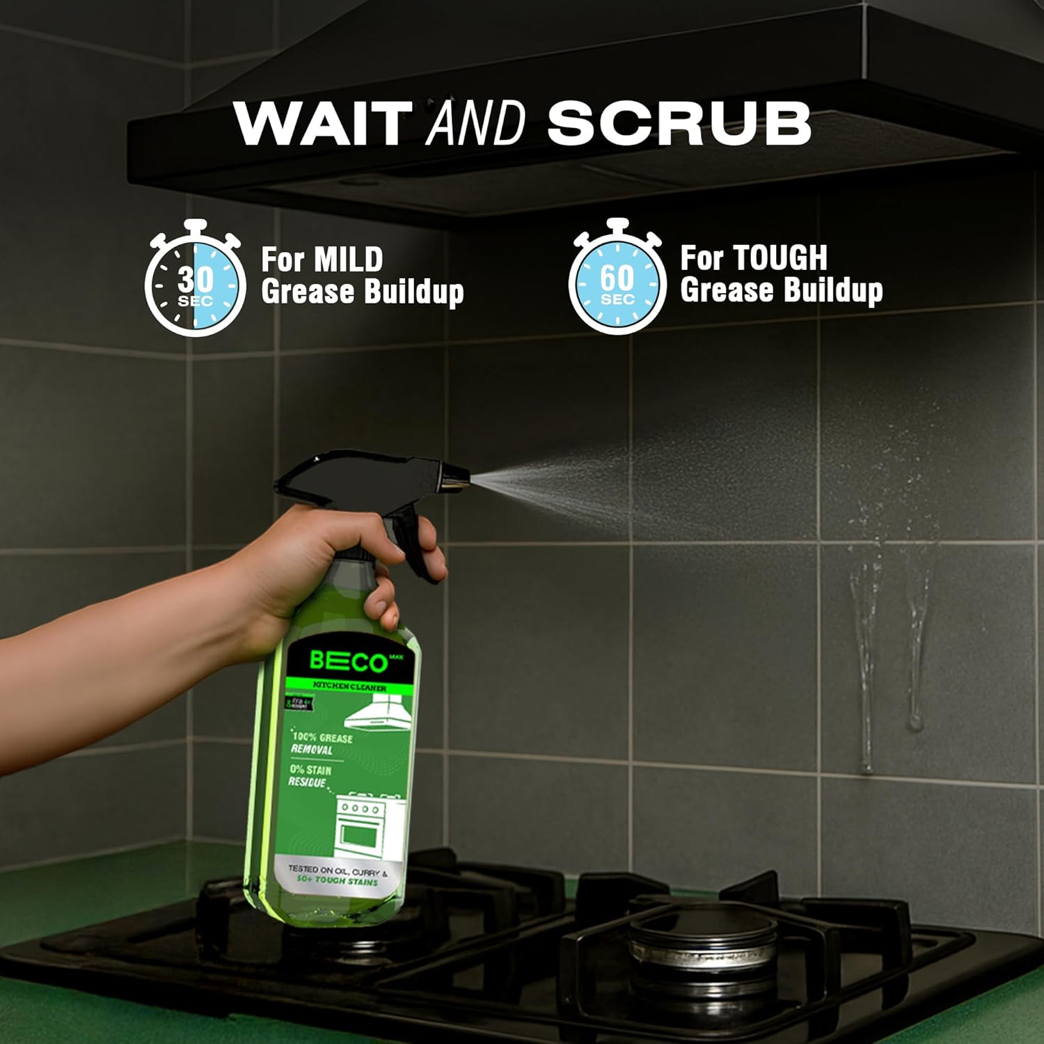 Beco Max | Kitchen Cleaner - 500 ml | Instantly removes Tough Greases, No stains or residue | Cleans in 60 seconds | Maximum cleaning power | Suitable for Counter Tops, Stoves, Chimneys