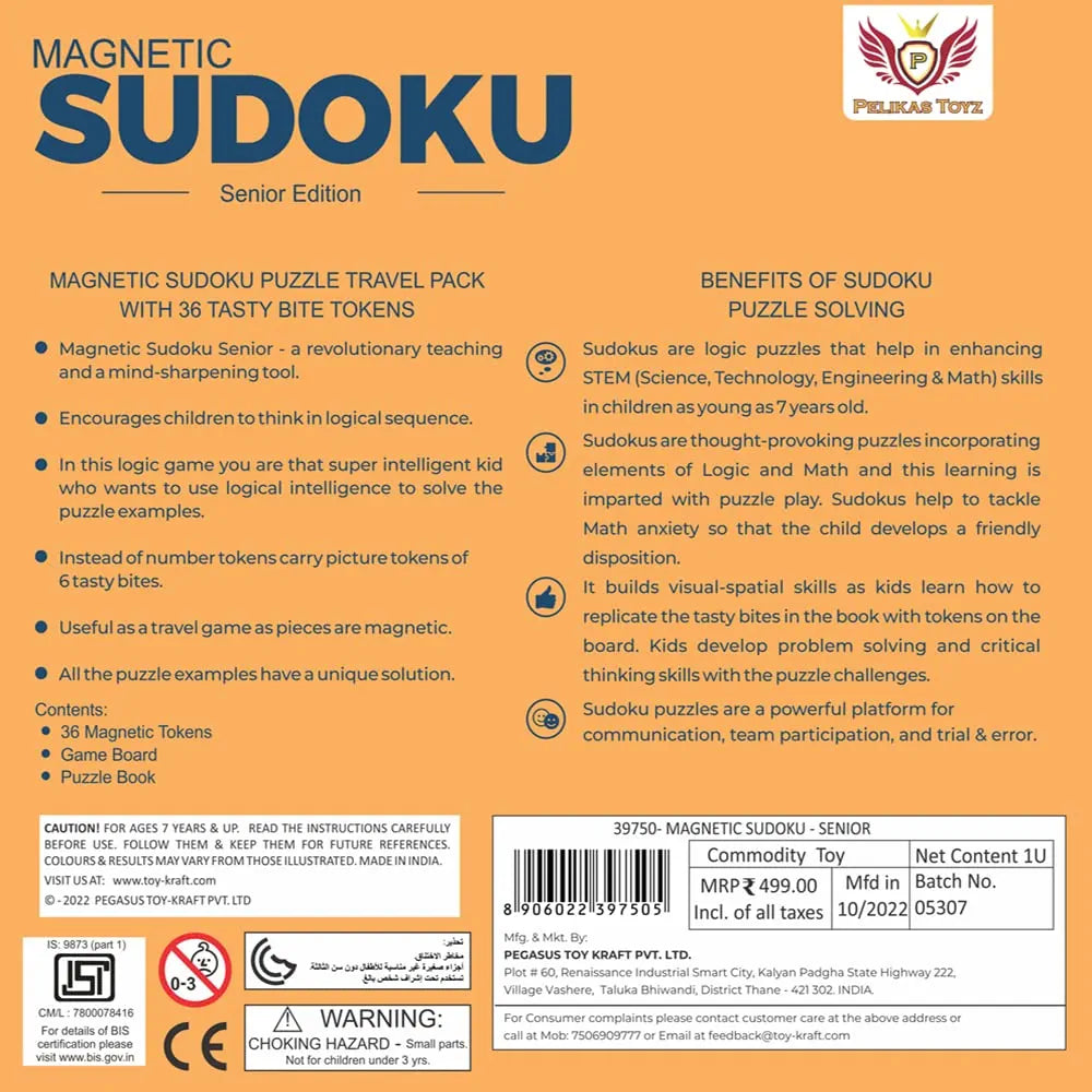 Pelikas Toyz Sudoku Mind Games Children, Puzzles Travel Toys for Kids 7 to 12 Years Old, Gift for Boys Girls, Magnalogix Sudoku -Fast Food - 6 x 6