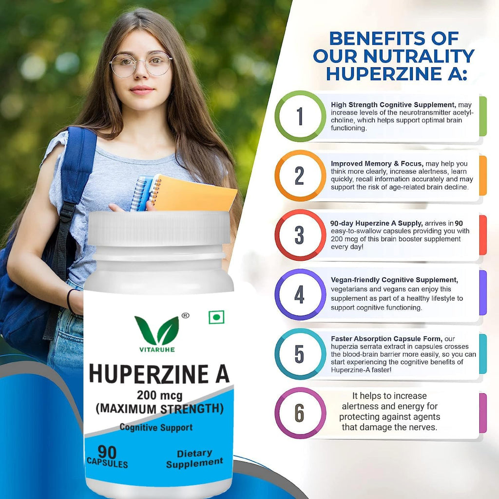 VITARUHEÂ® Huperzine A 200mcg Per Serving, 90 Capsules, (Huperzine A Supplement), Supports Focus, Cognition, Memory and Learning Ability, Premium Brain Health Supplement, No GMOs