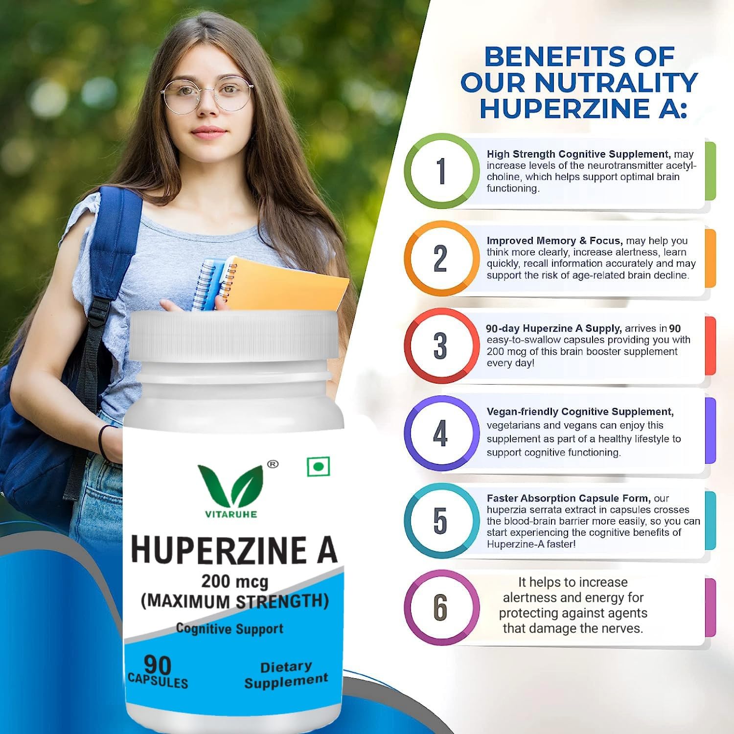 VITARUHEÂ® Huperzine A 200mcg Per Serving, 90 Capsules, (Huperzine A Supplement), Supports Focus, Cognition, Memory and Learning Ability, Premium Brain Health Supplement, No GMOs