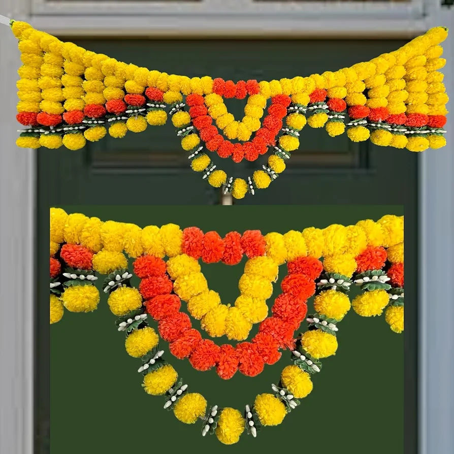 Handcrafted Decorative Bandanwar with Laddu-Shape Marigold Flowers Chakri Mogra & Daisy Leaves 40x10 Inches