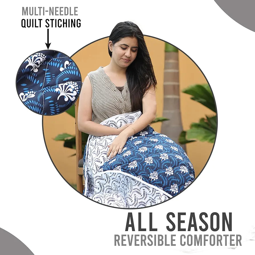 Divine Casa Microfibre Mild Winter Lightweight 120 GSM Printed Reversible Double Bed Size Quilt Comforter Blanket TC - 144 Colour Navy Blue and White