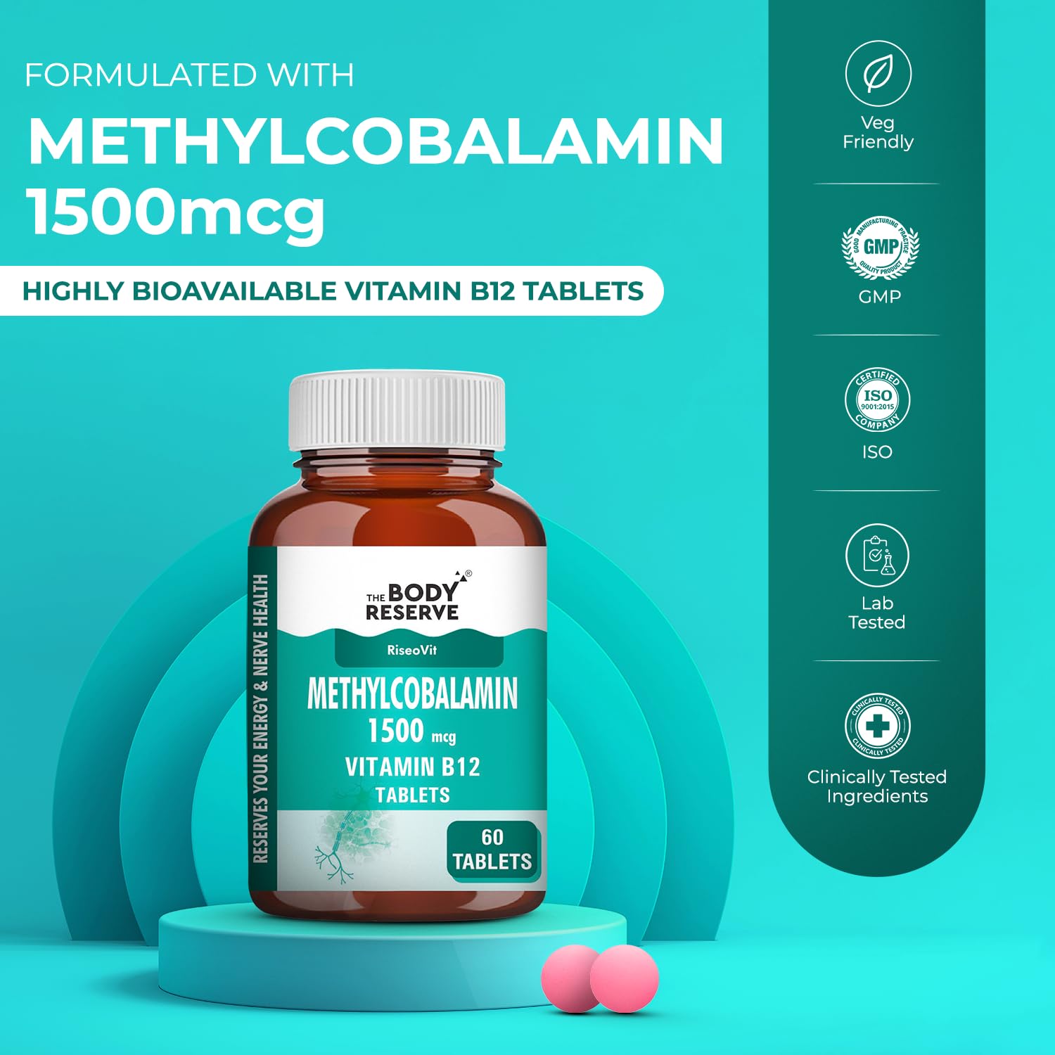 THE BODY RESERVE Vitamin B12 Tablets 1500 mcg as Methylcobalamin | Vitamin B12 Supplement for Energy, Focus & Nerve Health | 60 Veg Tablets (2 Months Supply Pack)
