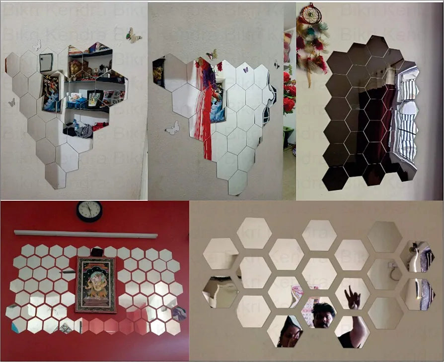 Bikri Kendra Hexagon 24 Silver Stickers for Wall Acrylic Mirror Decor Sticker Wall Mirror Stickers Acrylic