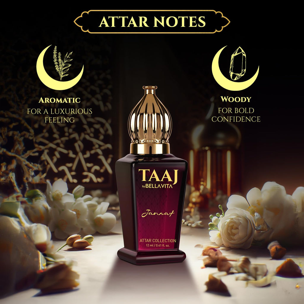 BELLAVITA TAAJ Jannat Unisex Long Lasting Attar for Man and Woman 12ml | Cinnamon, Oud, Cedar, Patchouli and Tonka Bean | Non-Alcoholic Roll On | Ideal Gift
