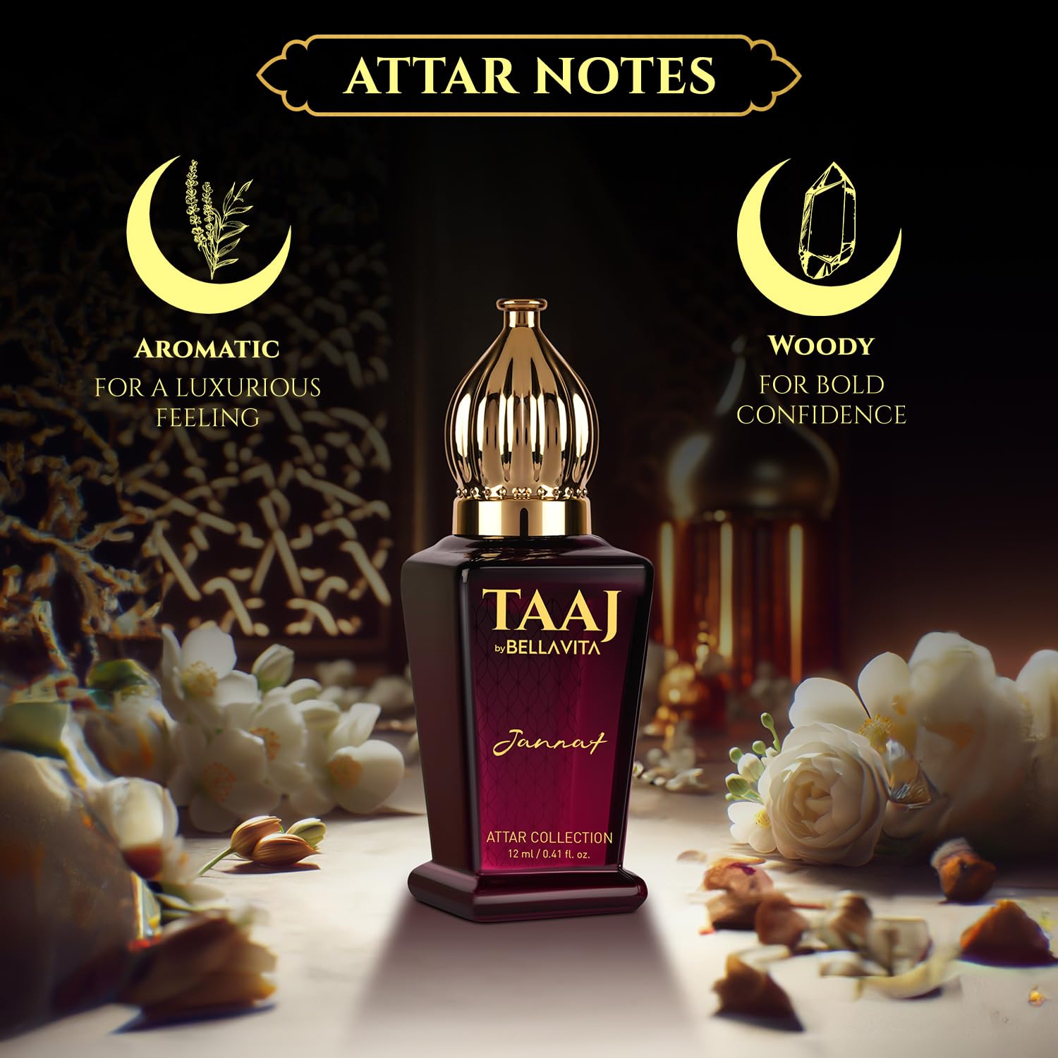 BELLAVITA TAAJ Jannat Unisex Long Lasting Attar for Man and Woman 12ml | Cinnamon, Oud, Cedar, Patchouli and Tonka Bean | Non-Alcoholic Roll On | Ideal Gift