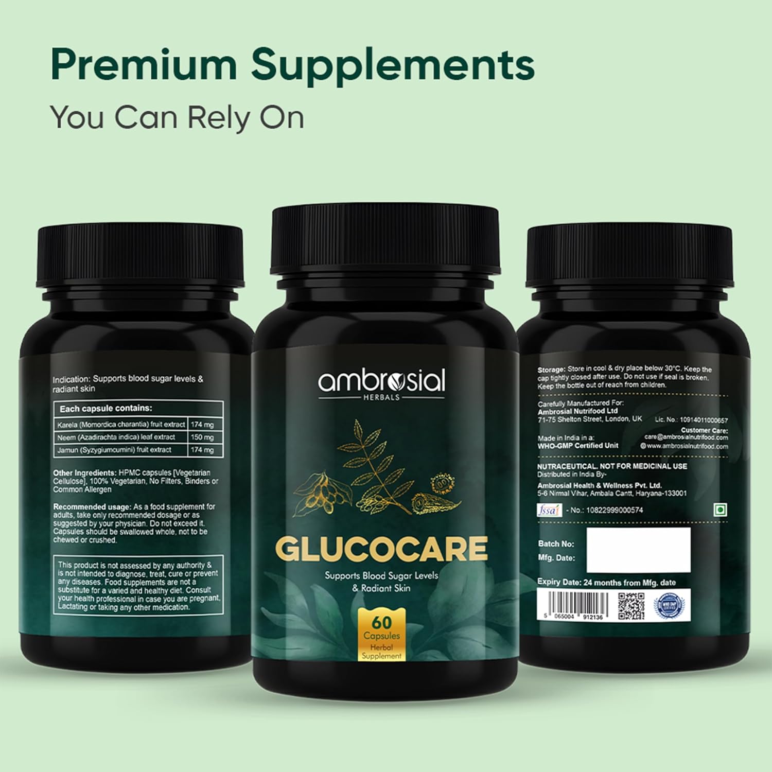 Ambrosial Glucocare Blood Sugar Control Tablets | Premium Herbal Formulation with Karela Jamun & Neem for Diabetes Care | Supports Healthy Blood Glucose Levels (Pack of 1-60 Capsules)