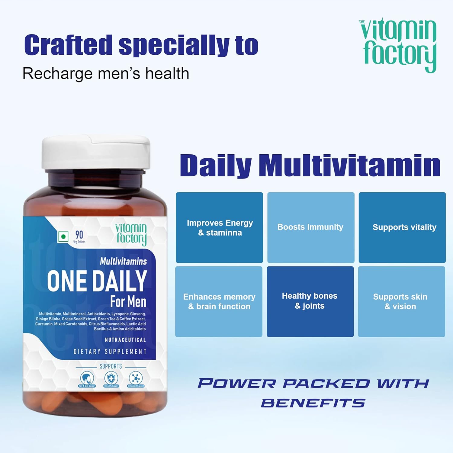 The Vitamin Factory Multivitamin For Men | Multimineral, Ginseng, Grape Seed Extract| Enhances Energy, Stamina, Boost Immunity- 90 Vegetable Tablet