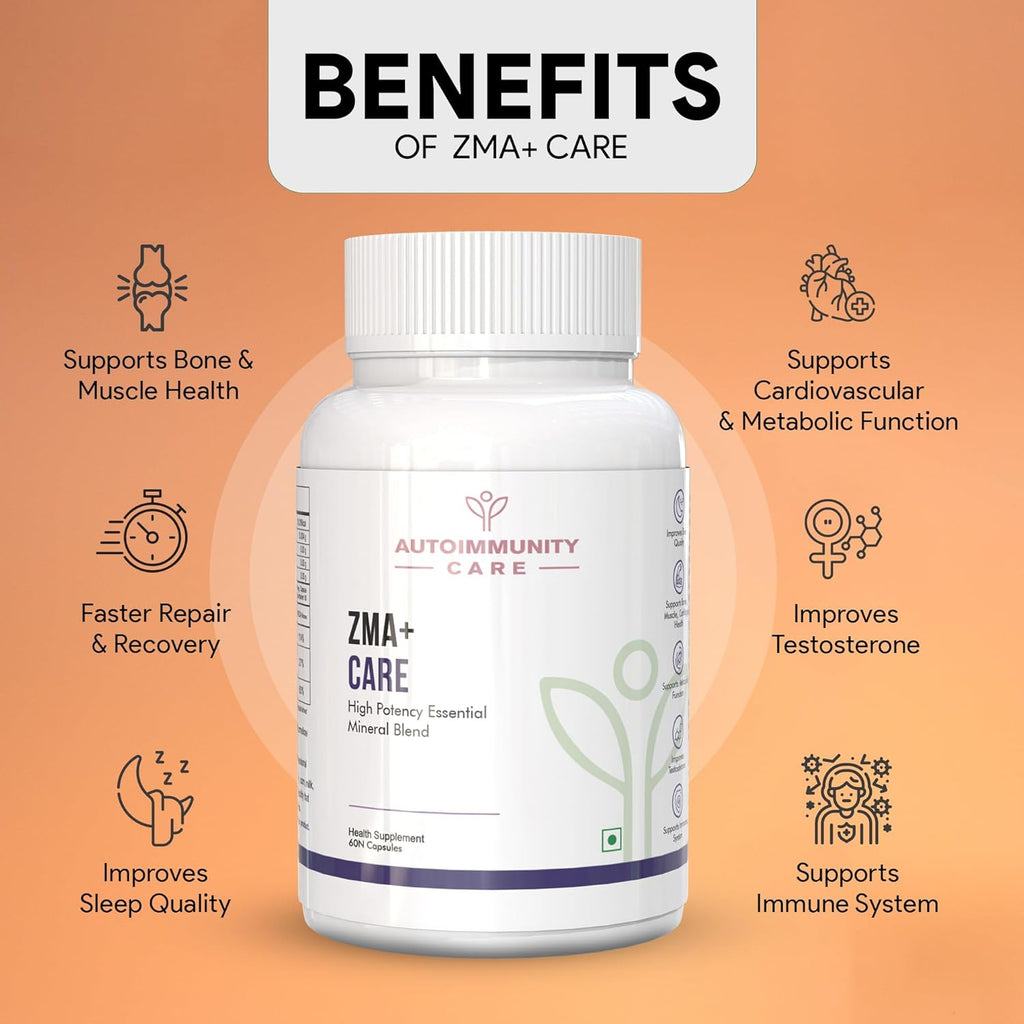 Autoimmunity Care ZMA+ Care | Zinc Magnesium Supplement with Vitamin B6 | Supports Sleep, Muscle Recovery, Brain Health, Immunity & Stress Relief | ZMA Supplement for Men & Women | 60 Caps (30 doses)