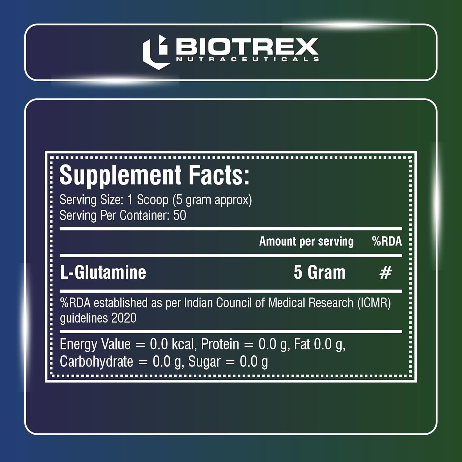 Biotrex Nutraceuticals L Glutamine Amino Acid Powder 5000mg Per Serving | Preworkout & Muscle Growth | Immune & Gut Health | Enhances Endurance | Unflavoured - 250Gram (50 Serving)