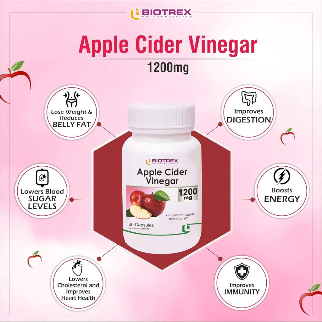 Biotrex Apple Cider Vinegar Capsules 1200mg â€“ Organic Supplement for Weight Management, Detox & Digestive Support â€“ Apple Cider Vinegar Capsule for Wellness â€“ 60 Apple Vinegar Capsules