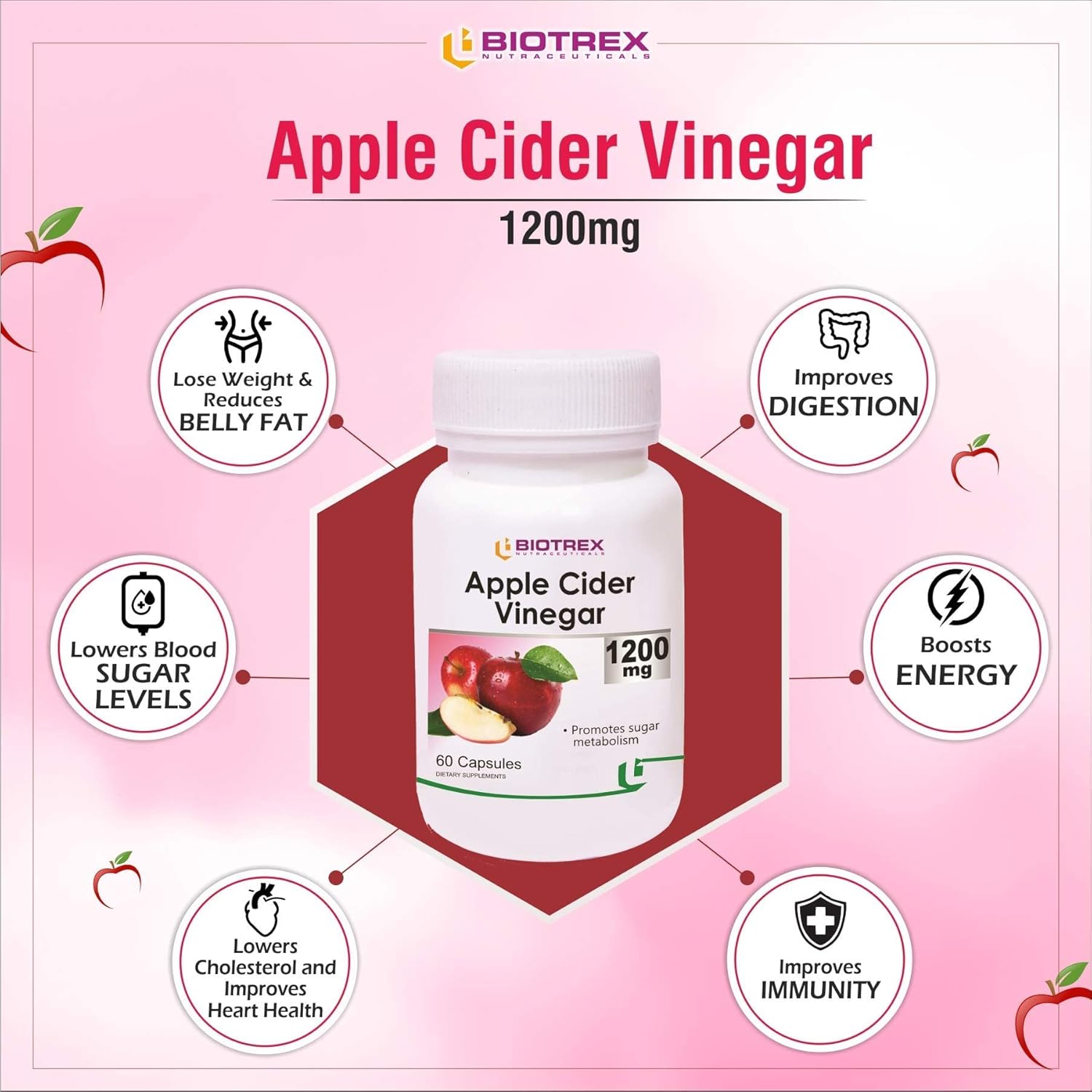 Biotrex Apple Cider Vinegar Capsules 1200mg â€“ Organic Supplement for Weight Management, Detox & Digestive Support â€“ Apple Cider Vinegar Capsule for Wellness â€“ 60 Apple Vinegar Capsules