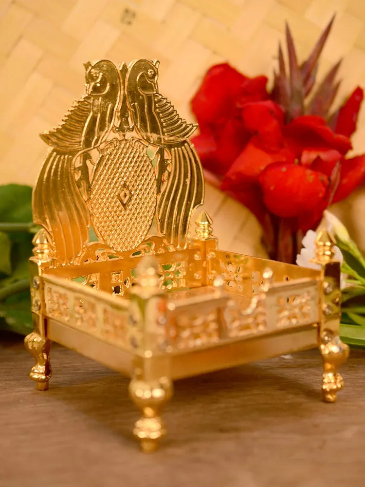 Collectible India Metal Gold Plated ladoo Gopal Singhasan Pooja Chowki mandir Peacock Design