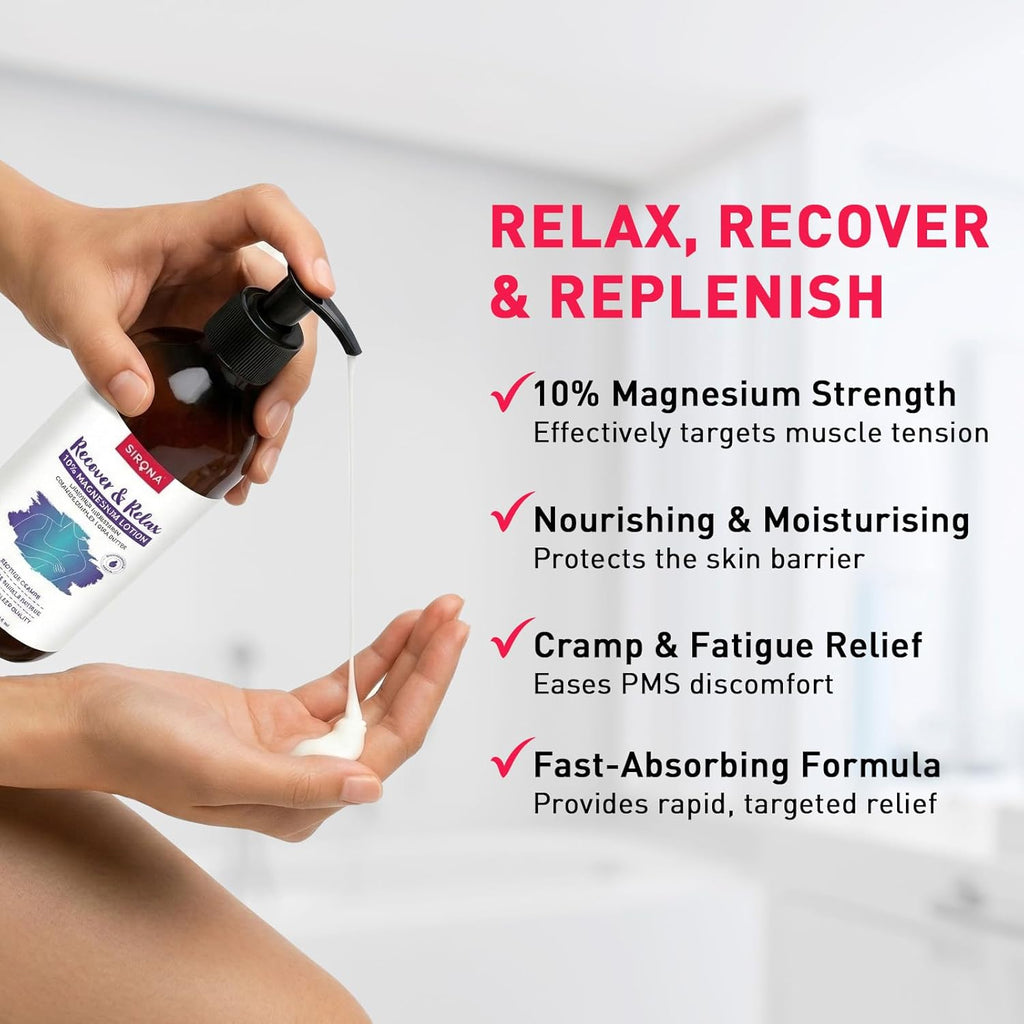 Sirona 10% Magnesium Body Lotion - 300 ml | For Muscle Relaxation, Cramps Relief & Better Sleep | Lavender & Geranium | With Ceramide Complex & Shea Butter | Fast-Absorbing | Dermatologically Tested