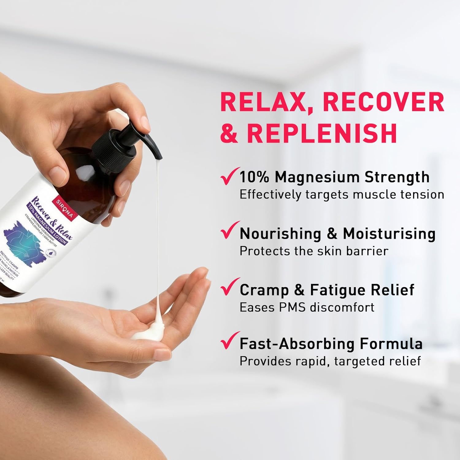 Sirona 10% Magnesium Body Lotion - 300 ml | For Muscle Relaxation, Cramps Relief & Better Sleep | Lavender & Geranium | With Ceramide Complex & Shea Butter | Fast-Absorbing | Dermatologically Tested