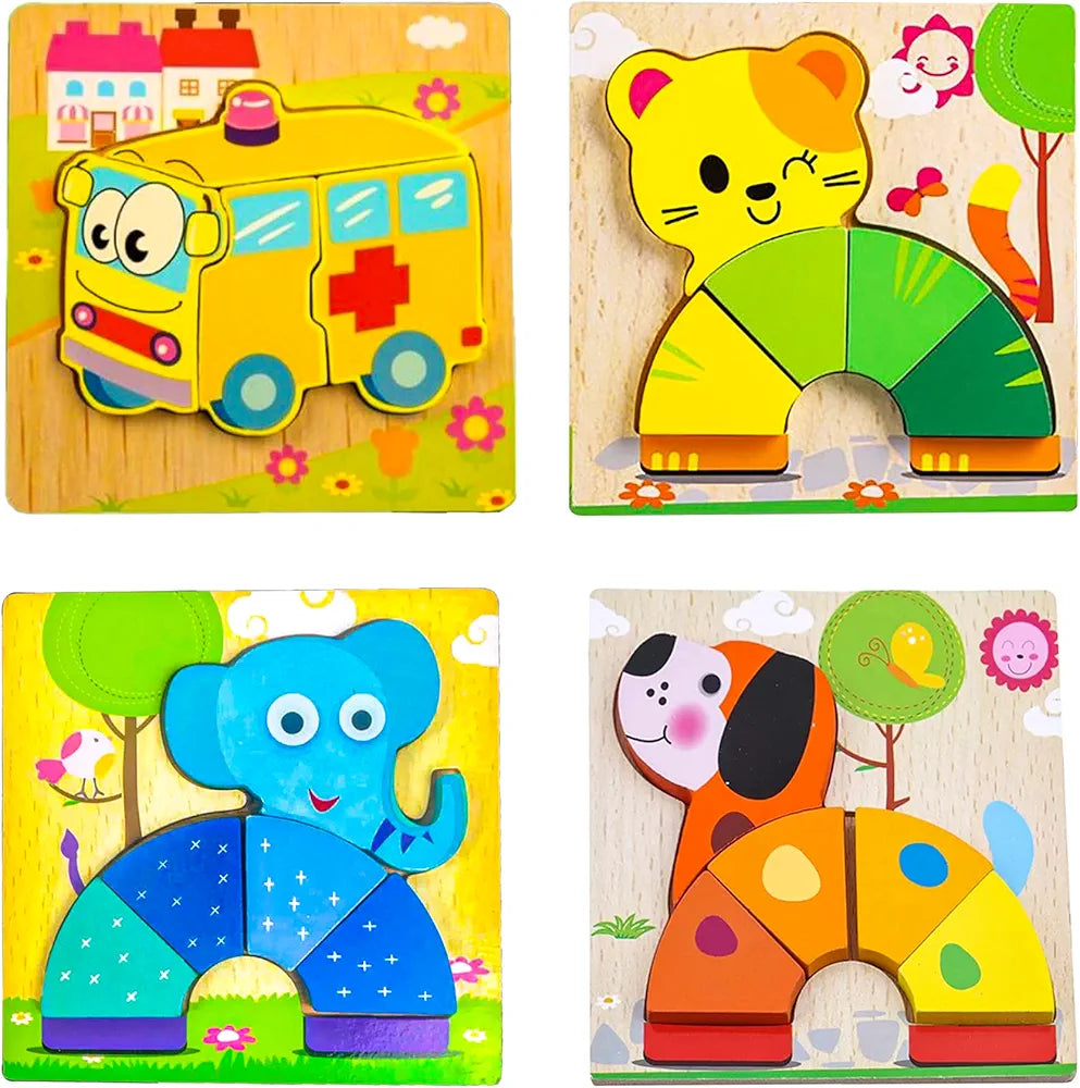 Wishkey Set of Jigsaw Wooden Animal Vehicle Puzzle Early Age Matching Game Learning Educational Preschool Toy