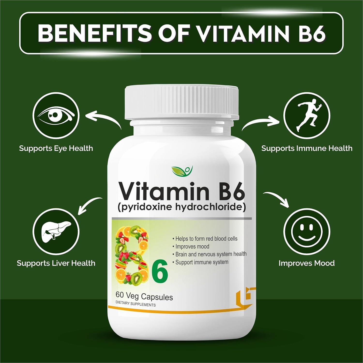Biotrex Nutraceuticals Vitamin B6 (Pyridoxine Hydrochloride) Supplement | 60 Veg Capsules
