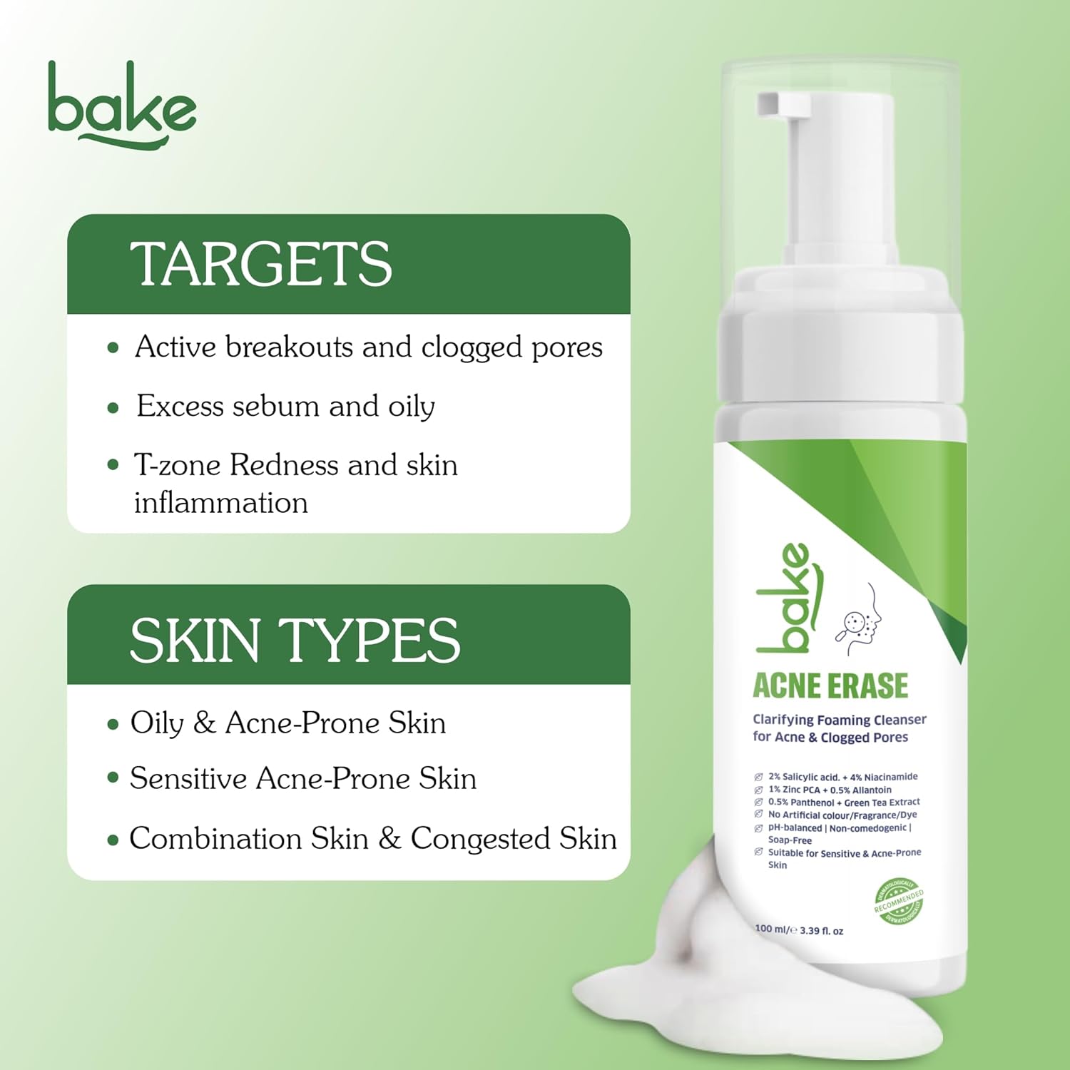 BAKE Acne Erase Foaming Face Wash with 2% Salicylic Acid & Niacinamide | Oil Control, Unclogs Pores, Clears Acne & Blemishes | Gentle Foaming Cleanser for Oily, Acne Prone & Sensitive Skin â€“ 100ml