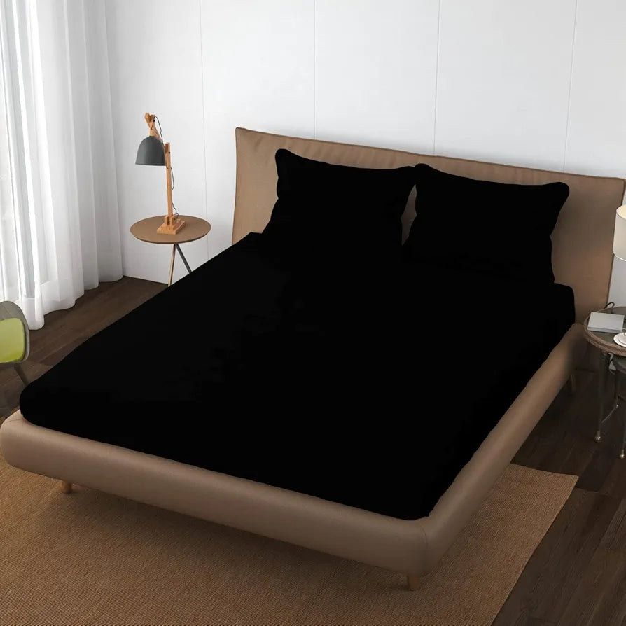 Trance Home Linen 100% Cotton 78x60 inch Queen Elastic Fitted Bedsheet 400TC Premium Queen Double Bed Size with 2 Pillow Covers Colour Black
