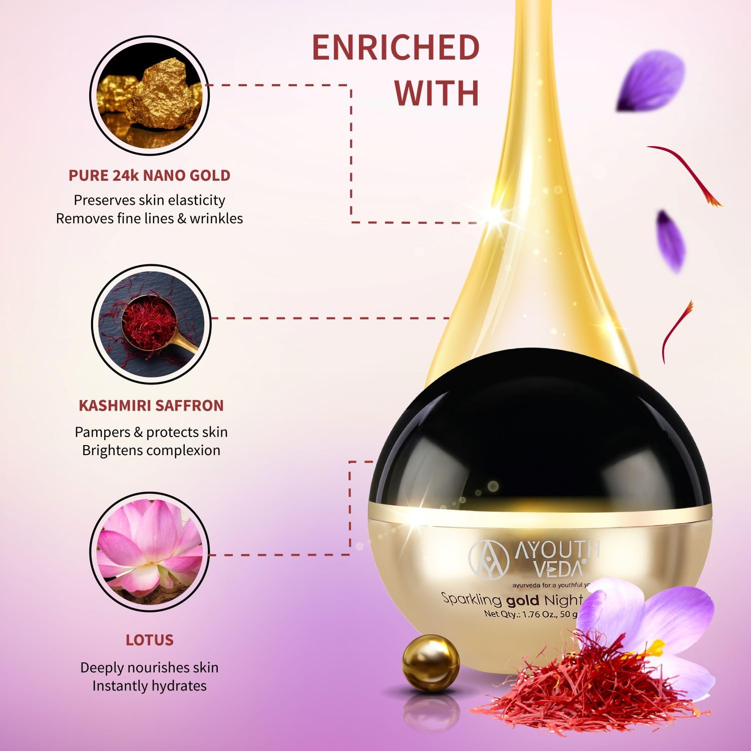 Ayouthveda Sparkling Gold Night Cream | 24K Nano Gold & Kashmiri Saffron | Reduces Fine Lines, Wrinkles & Dark Spots | Restores Skin Firmness & Elasticity | Overnight Anti-Ageing Face Cream (50g (Pack of 1))