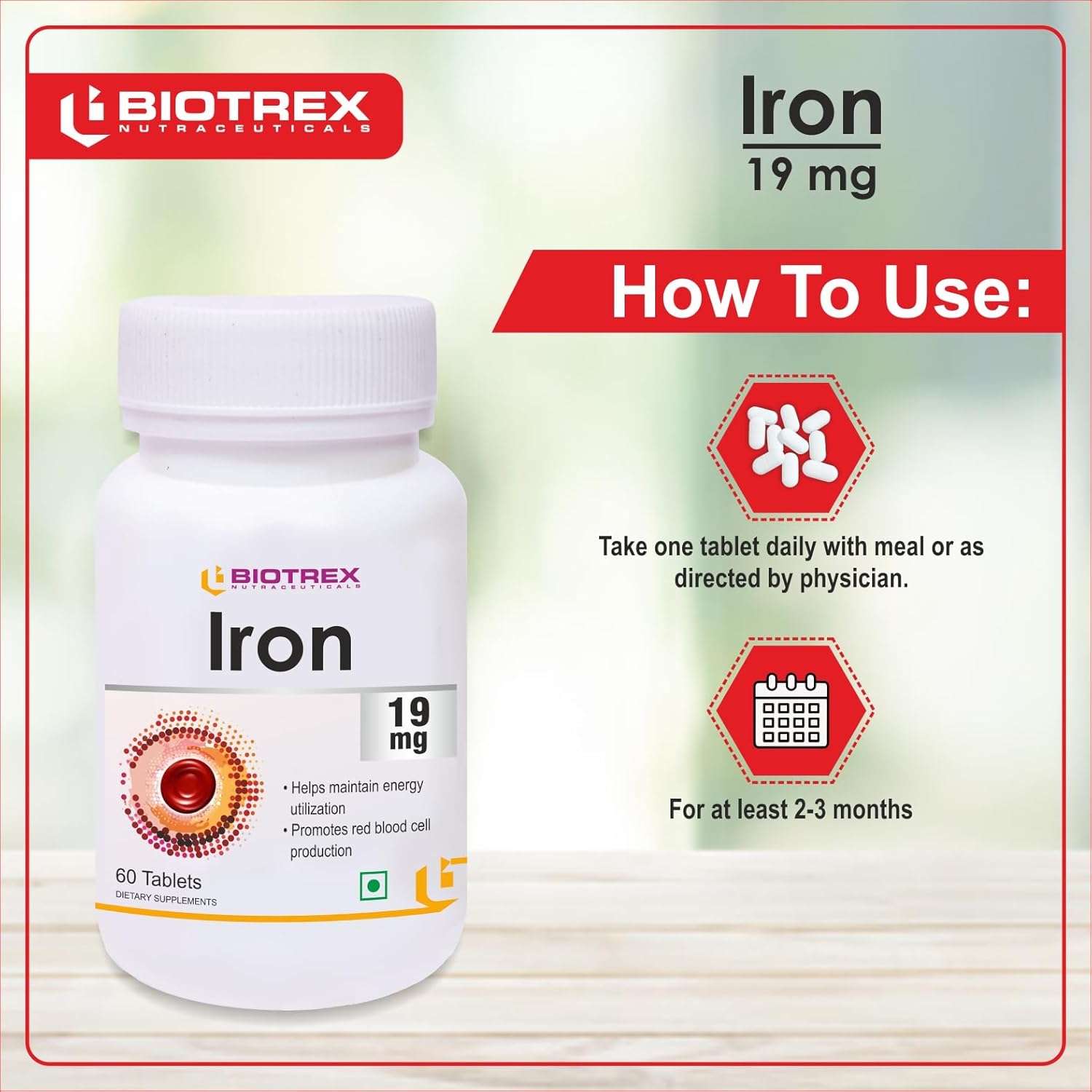 Biotrex Nutraceuticals Iron 19mg (As Ferrous fumarate) | Boosts immunity, Supports energy, Brain function & Muscle function | For Both Men & Women - 60 Tablets