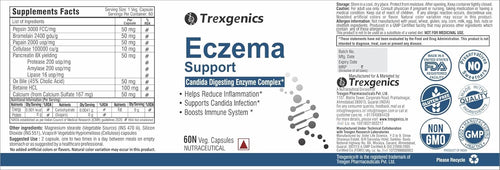 "Trexgenics ECZEMA SUPPORT Candida Digesting Enzyme Complex with Pepsin, Bromelain, Papain, Cellulase, Pancreatin, Ox Bile (45% Cholic Acid), Betaine HCL Calcium sulfate (60 Capsules)" (Pack of 1)