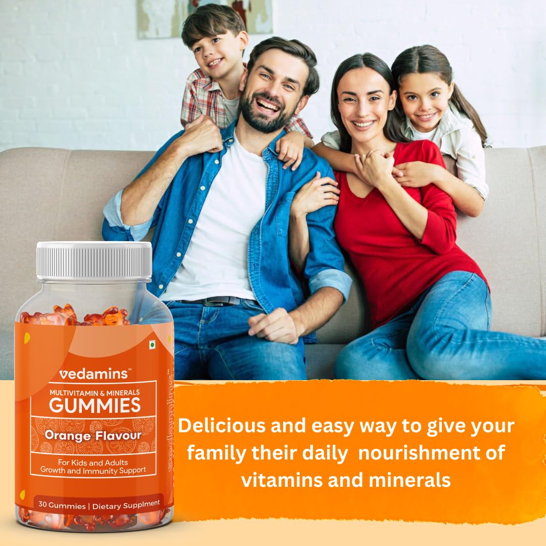 Vedamins Multivitamin Gummies for Men Women & Kids I Immunity, Increased Energy & Metabolism – 30 Gummies | Orange Flavour