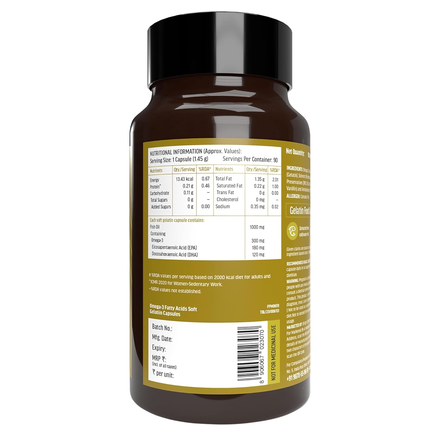 Hk vitals Omega 3 (90 Fish Oil Capsules) | 1000mg Omega 3 with 180mg EPA & 120mg DHA | For Brain, Heart, Eyes, and Joints Health