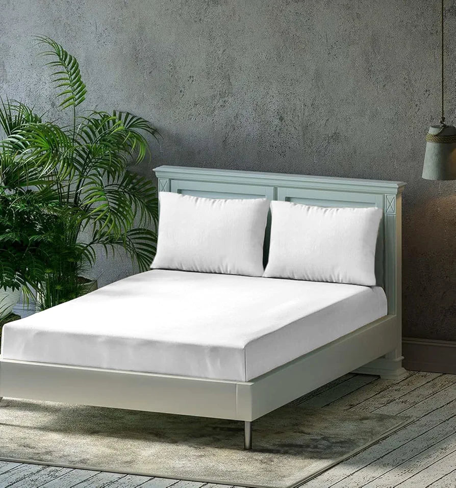 Trance Home Linen Premium 300 TC Pure 100% Cotton King Fitted Bedsheet with 2 Pillow Covers 78 x 72 inch Colour White Plain