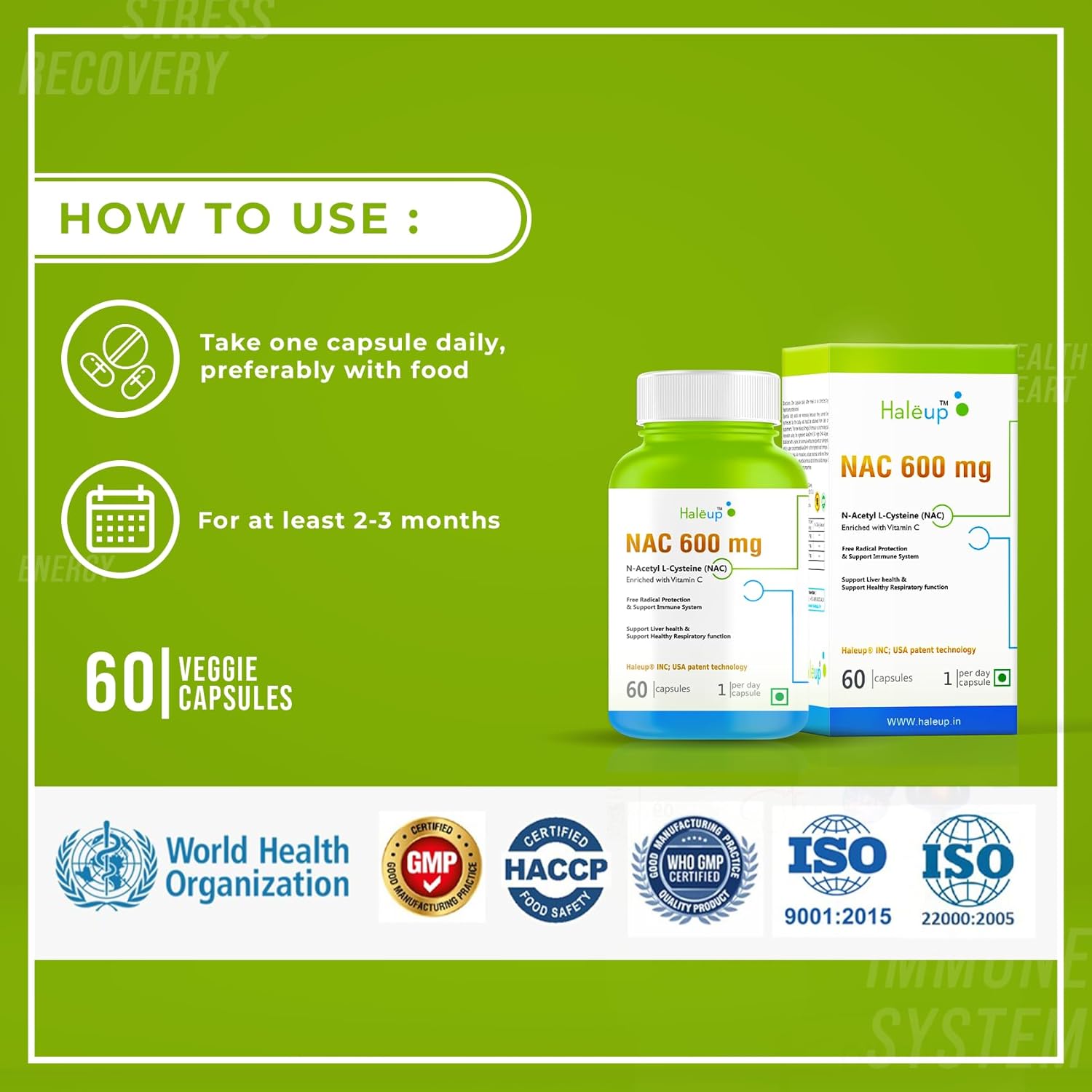 Haleup NAC 99% (N-Acetyl Cysteine) 600 mg, Haleup INC USA, 60 capsules, enriched with Vitamin C for Glutathione Production, Respiratory Health, Liver Detox, Antioxidant Support