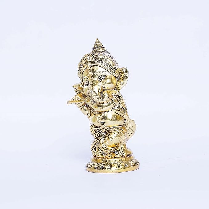 KridayKraft Metal Ganesha Playing Flute Murti Ganpati Metal Statue Home Decor Office Brass Color
