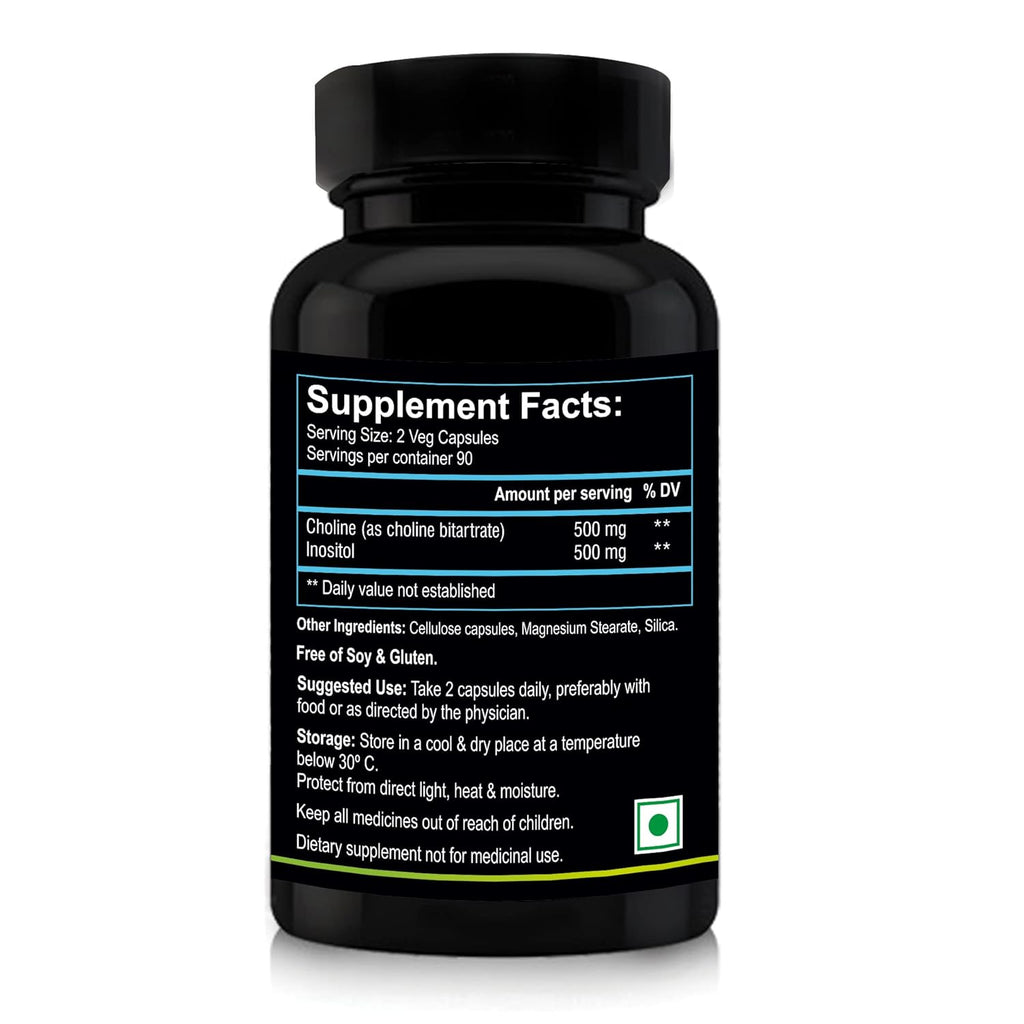 Nutriosys Choline & Inositol 500mg | Brain & Nerve Function | Better Motor Signal | Liver & Heart Health | Lab Tested | 90 Veg Capsules