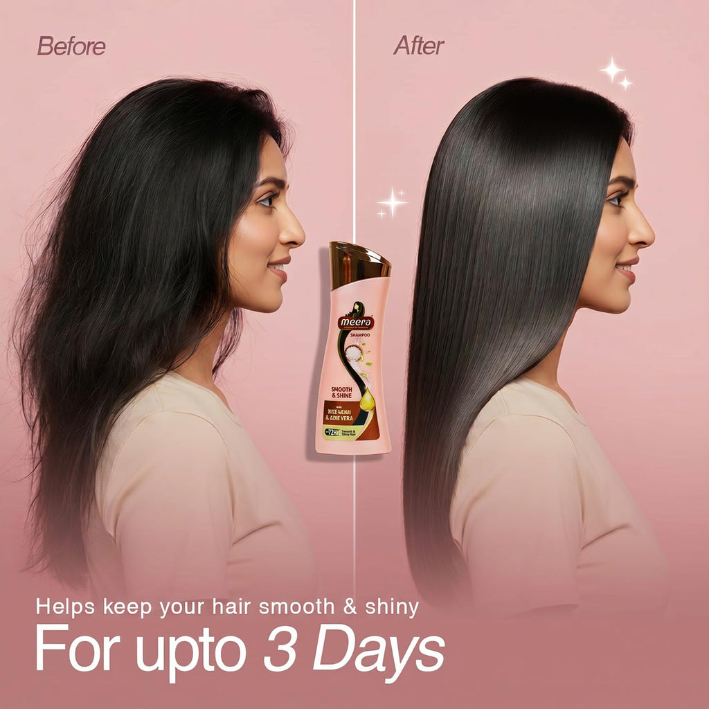 Meera Smooth & Shine Shampoo with Rice Kanji & Aloe Vera | Up to 72 Hours Smooth & Shiny Hair | Nourishes & Softens Hair | Suitable for Men & Women | 180ml