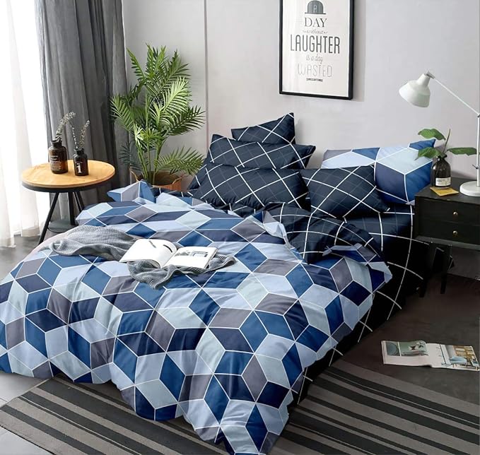 Decomizer Soft Glace Cotton King Size AC Bedsheet and 2 Large Pillow Covers Blue Rectangle Colour