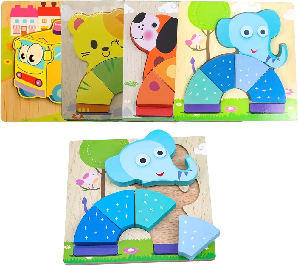 Wishkey Set of Jigsaw Wooden Animal Vehicle Puzzle Early Age Matching Game Learning Educational Preschool Toy