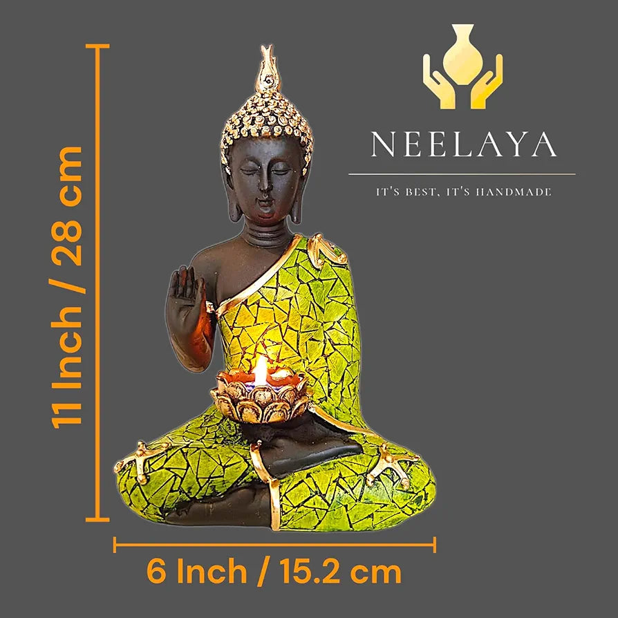 Neelaya Meditating Buddha Statue with Tealight Candle Holder Polyresin Showpiece 28 cm Black Green