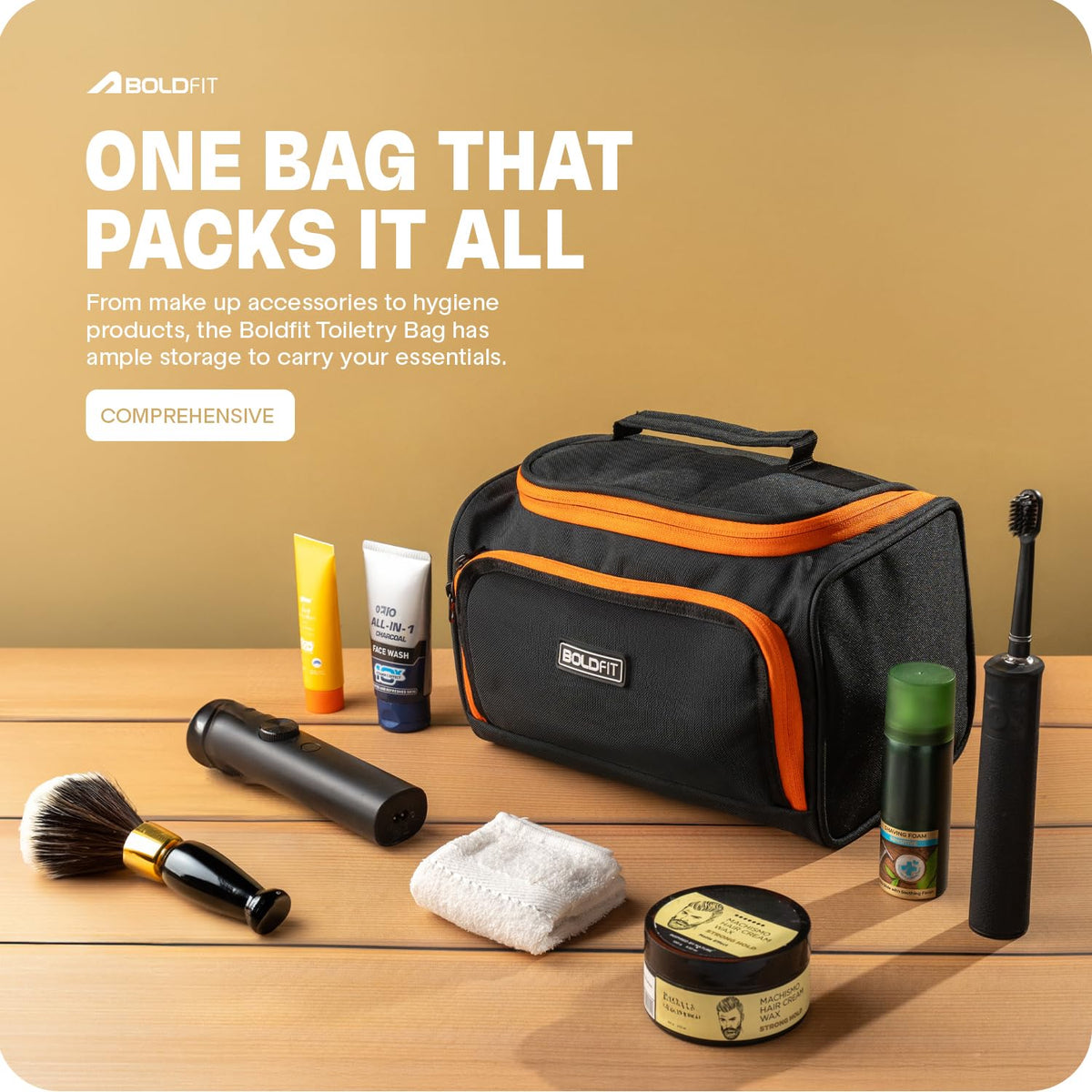 Boldfit Toiletry Bag,Spacious Toiletries Organiser with Multiple Compartments,Compact Gym, Travel Toiletry Pouch for Men & Women,Cosmetic & Grooming Storage Kit for Luggage with Zipper Closure,Black
