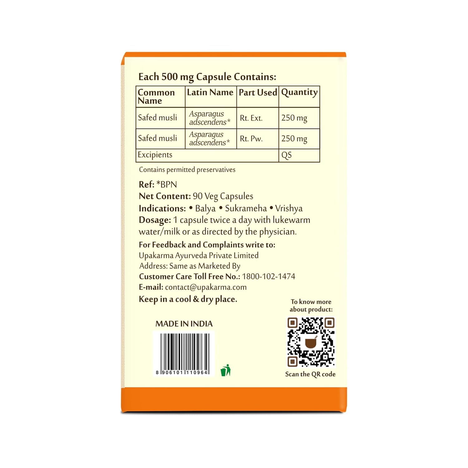 UPAKARMA Safed Musli Capsules (500 mg) | Stamina & Vitality Booster for Men | 90 Veg Capsules - Pack of 1