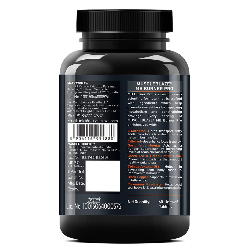 MuscleBlaze MB-Burner PRO (60 Tablets) | L- Carnitine, Garcinia Cambogia, Caffeine, Green Tea, Coleus Forskohlii, Green Coffee Bean, Black Pepper Extract with Chromium Picolinate