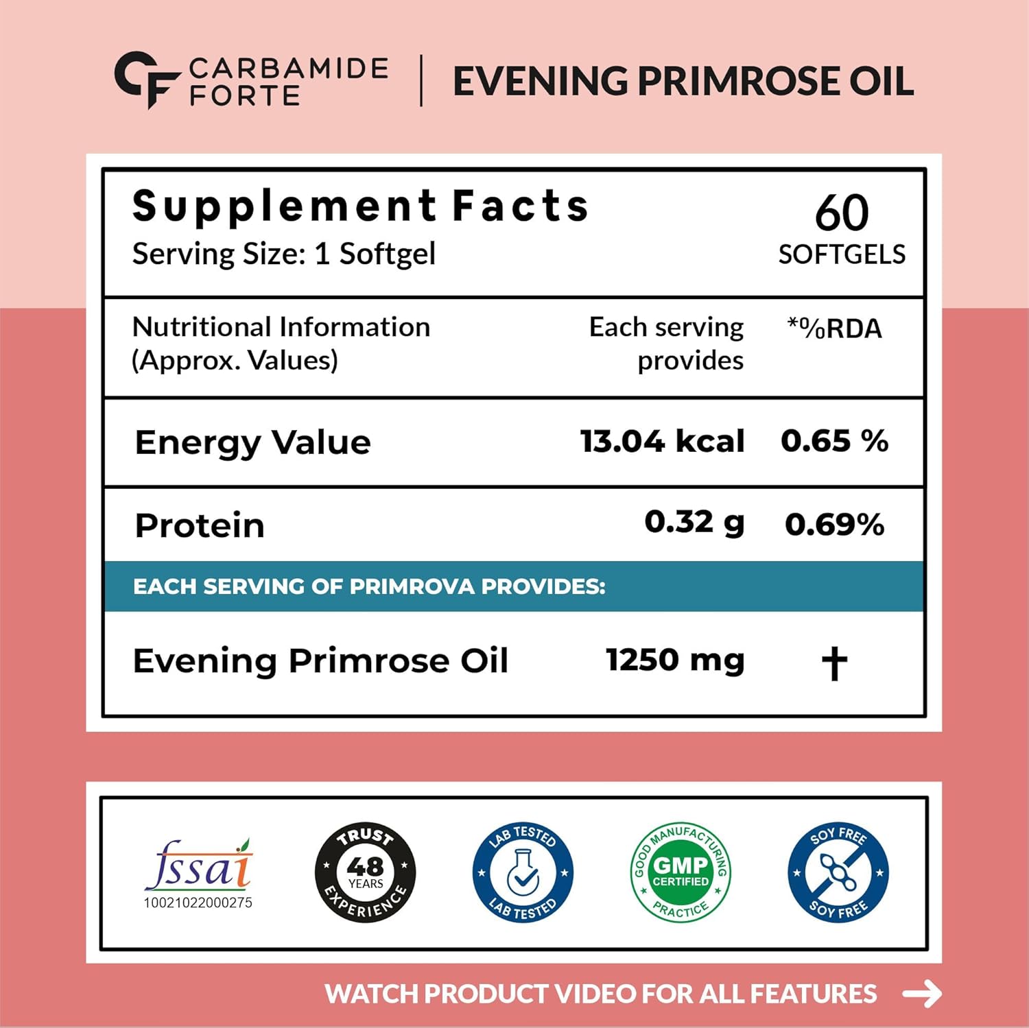 Carbamide Forte Evening Primrose Oil Capsules 1250mg For Women | Pure & Cold Pressed Primrose Oil Capsules | Evening Primrose Oil | Supplement for Hormonal Balance, Immunity & Skin Health | 60 Capsule