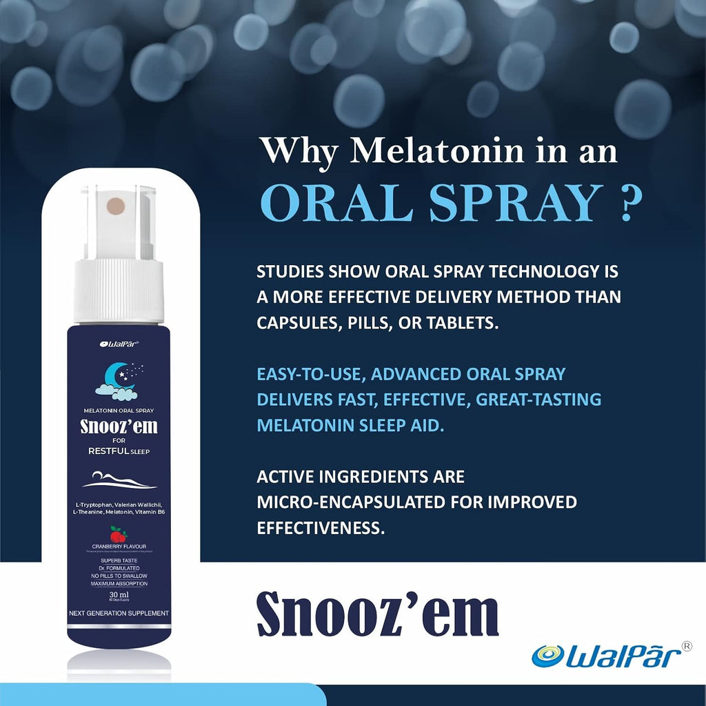 WALPAR Snooz’em Melatonin 3mg Sleep Spray with Vitamin B6 Supplement, Non Habit Sleeping Aid Drops Cranberry Flavour - 30ml