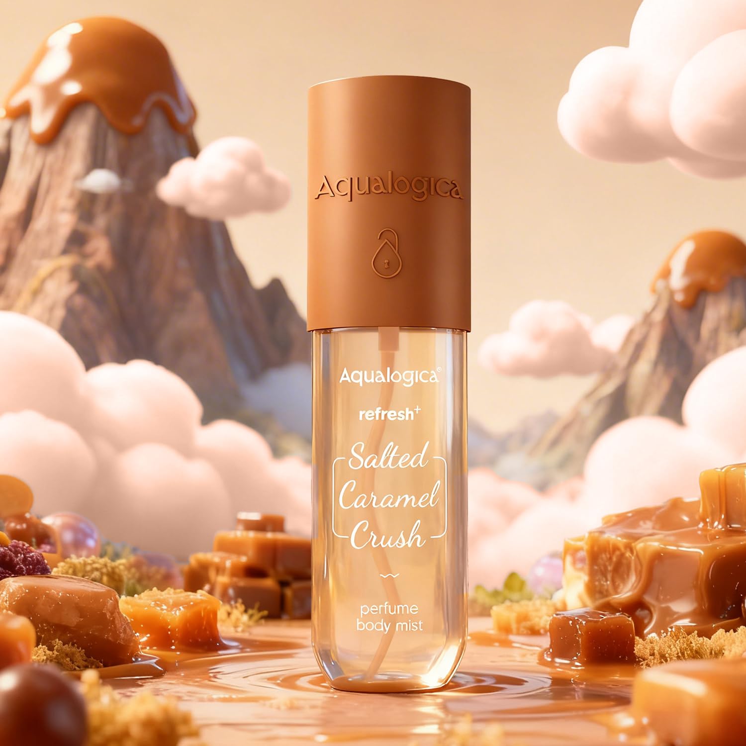Aqualogica Refresh+ Perfume Body Mist - Salted Caramel Crush | Mouthwatering Gourmand Scent | Long Lasting Fragrance | Double Duty for Hair & Body | Non-Irritating & Hydrating | Infused with Zemea & Hyaluronic Acid | For Men & Women | 150 ml