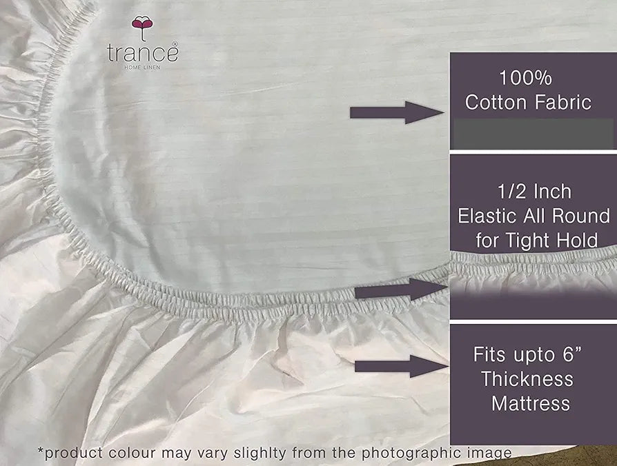 Trance Home Linen 100% Cotton 400 Thread Count Satin Striped Elasticated Fitted Bedsheet with 2 Pillow Covers  Colour White Striped