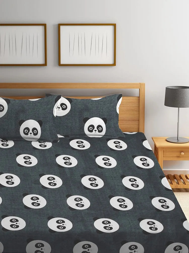 Homefab India 144 TC Microfiber Double BedSheet with 2 Pillow Covers Grey Black Panda