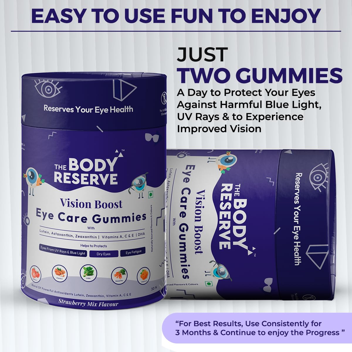 The Body Reserve Vision Boost Eye Care Gummies Enhanced with DHA, Vitamin A, C & E Promotes Vision and Protects from Blue Light & Digital Strain Strawberry Mix Flavoured 30 Gummies(Pack of 1)