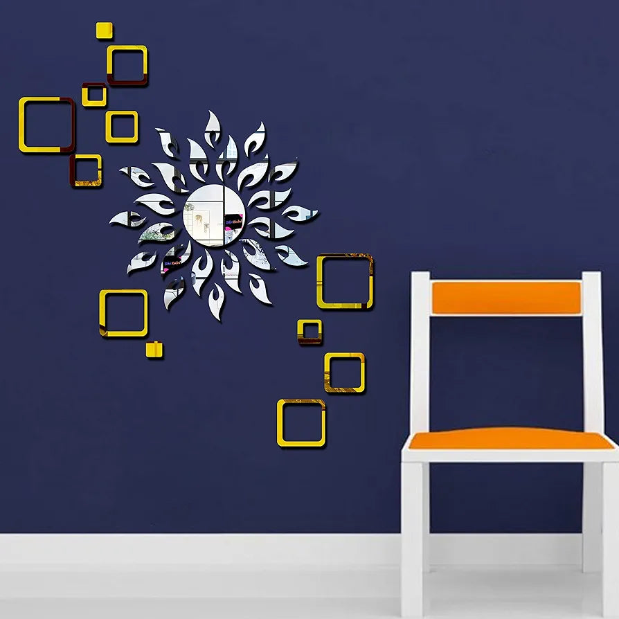 Bikri Kendra Sun Golden with Square 2 Set Silver Decorative Mirror Stickers for Wall 3D Acrylic