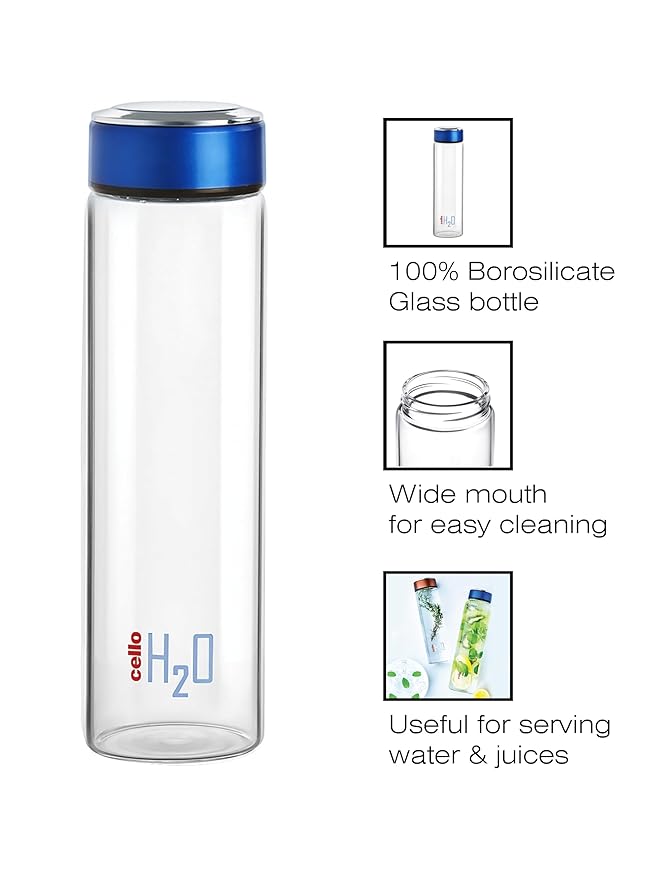 Cello H2o Borosilicate Glass Water Bottle | 600 ml | Blue